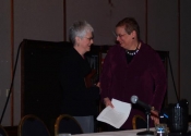 Thumbnail image of "Joann Moser presents the Printmaker Emeritus Award to Karen at the Southern Graphics Council conference in Kansas City, March"